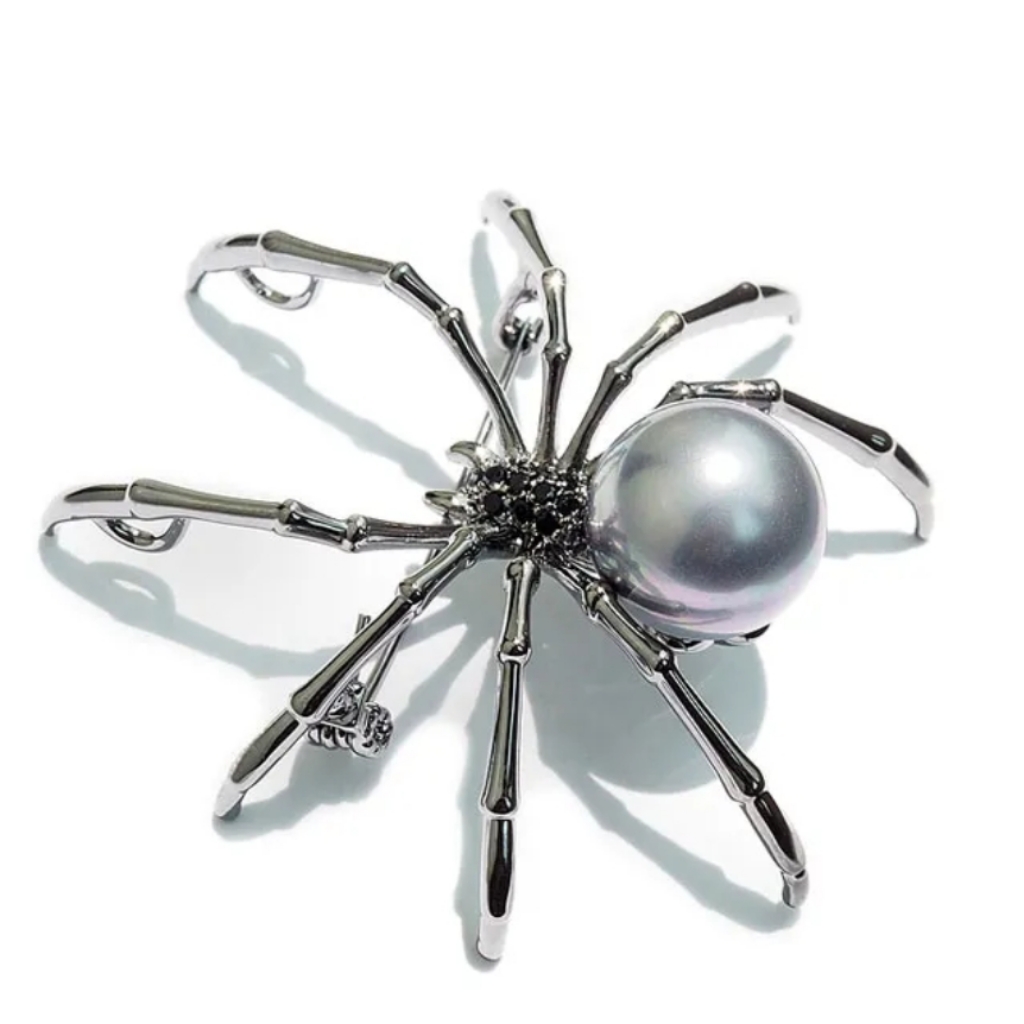 Silver Pearl Spider Brooch Rhinestones Pin Necklace Brooch Gunmetal Halloween